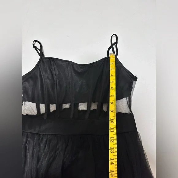 Windsor Black Tulle Cutout Waist Spaghetti Strap Leg Slit Formal Gown Large Prom - Picture 9 of 13